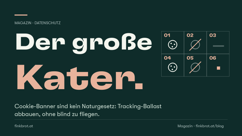Dunkelgrüne Grafik mit der Aufschrift „Der große Kater" und einem Kachelraster mit durchgestrichenen Cookie-Symbolen