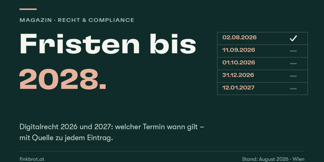 Dunkelgrüne Grafik mit der Aufschrift „Fristen bis 2028“ und einer Liste aus fünf Terminen, von denen der erste abgehakt ist