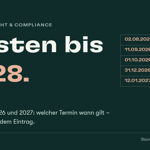 Dunkelgrüne Grafik mit der Aufschrift „Fristen bis 2028“ und einer Liste aus fünf Terminen, von denen der erste abgehakt ist