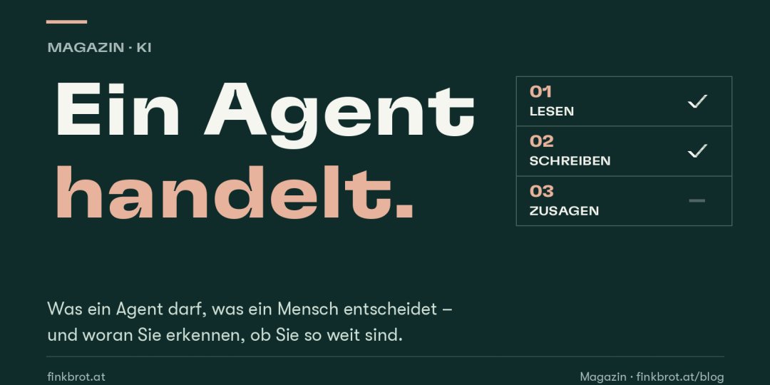 Dunkelgrüne Grafik mit der Aufschrift „Ein Agent handelt“ und einer Liste aus drei Stufen: Lesen und Schreiben sind abgehakt, Zusagen nicht