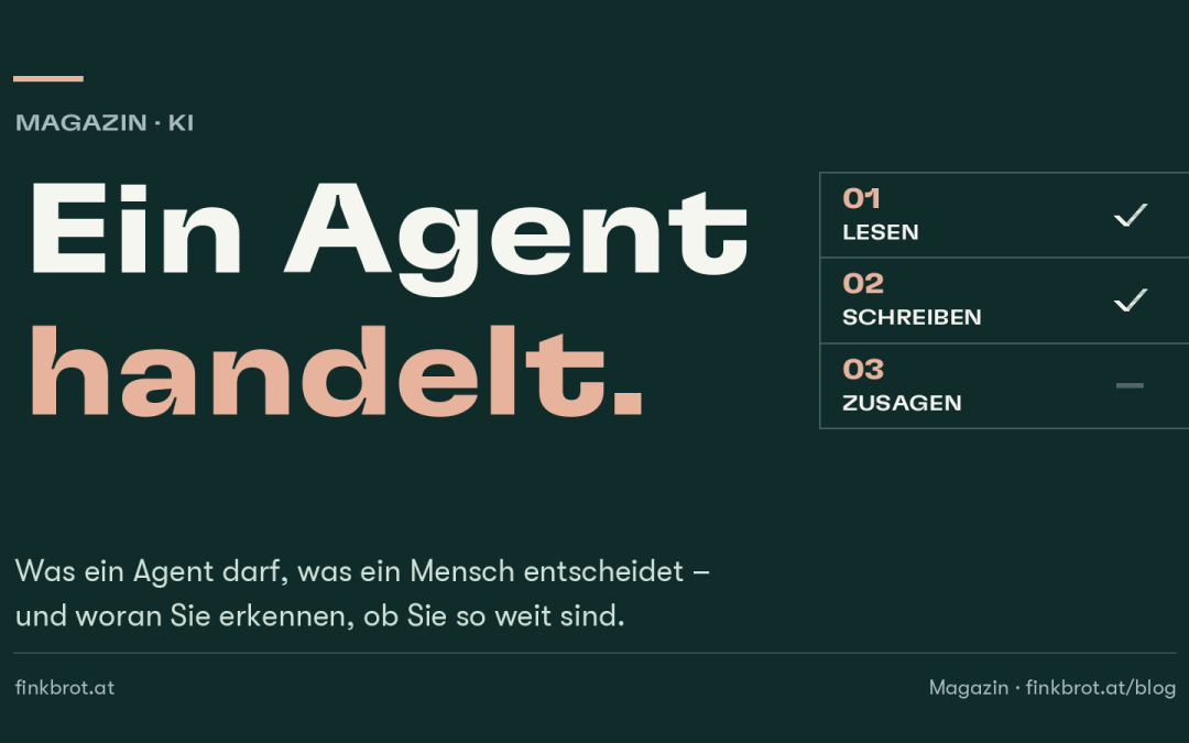 Dunkelgrüne Grafik mit der Aufschrift „Ein Agent handelt“ und einer Liste aus drei Stufen: Lesen und Schreiben sind abgehakt, Zusagen nicht