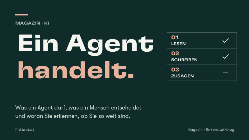Dunkelgrüne Grafik mit der Aufschrift „Ein Agent handelt“ und einer Liste aus drei Stufen: Lesen und Schreiben sind abgehakt, Zusagen nicht