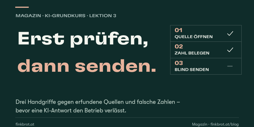 Dunkelgrüne Grafik mit der Aufschrift „Erst prüfen, dann senden“ und einer Liste aus drei Schritten: Quelle öffnen und Zahl belegen sind abgehakt, blind senden nicht