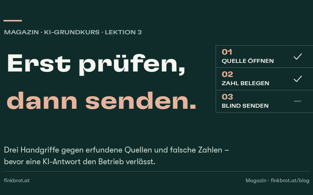 Dunkelgrüne Grafik mit der Aufschrift „Erst prüfen, dann senden“ und einer Liste aus drei Schritten: Quelle öffnen und Zahl belegen sind abgehakt, blind senden nicht