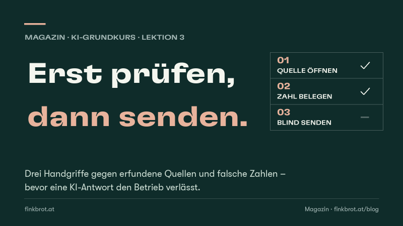 Dunkelgrüne Grafik mit der Aufschrift „Erst prüfen, dann senden“ und einer Liste aus drei Schritten: Quelle öffnen und Zahl belegen sind abgehakt, blind senden nicht