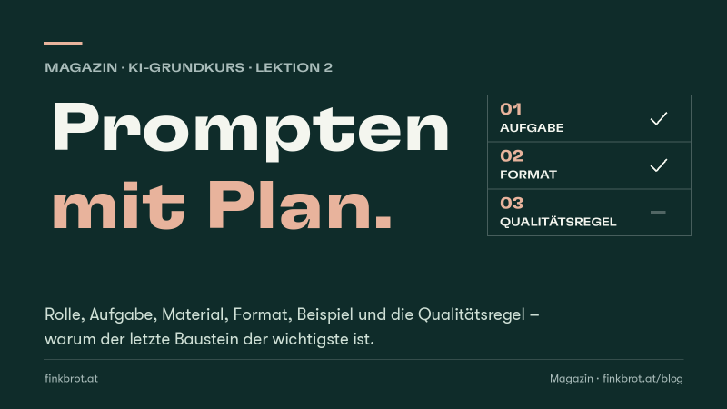 Dunkelgrüne Grafik mit der Aufschrift „Prompten mit Plan“ und einer Liste aus drei Bausteinen: Aufgabe und Format sind abgehakt, die Qualitätsregel nicht