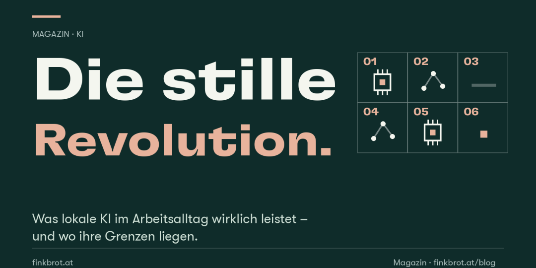 Dunkelgrüne Grafik mit der Aufschrift „Die stille Revolution“ und einem Kachelraster mit Chip- und Netzwerk-Symbolen