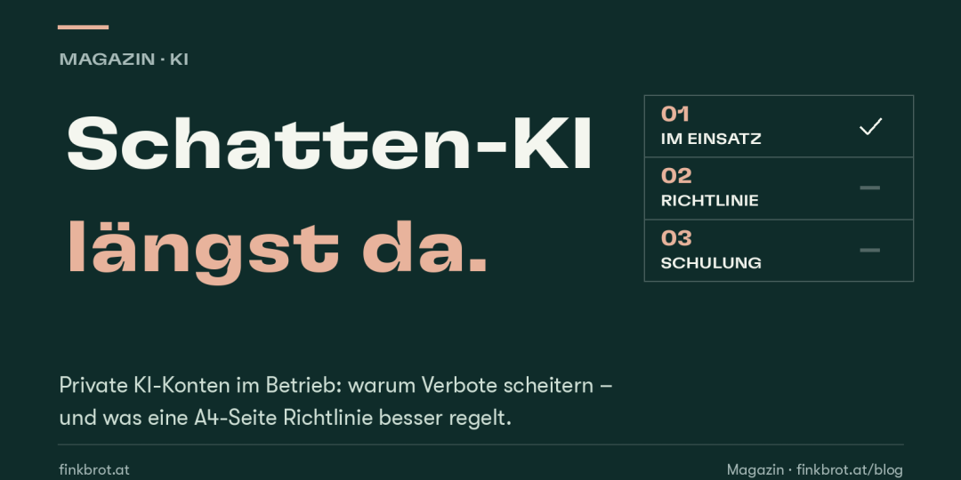 Dunkelgrüne Grafik mit der Aufschrift „Schatten-KI längst da“ und einer Liste aus drei Punkten: Im Einsatz ist abgehakt, Richtlinie und Schulung nicht