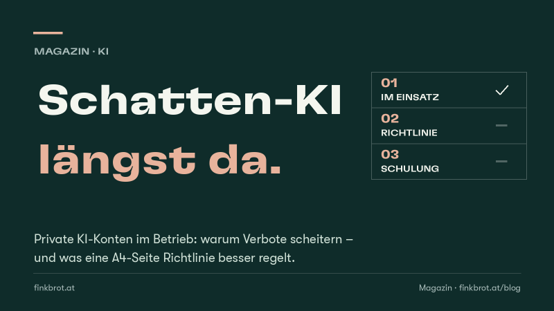 Dunkelgrüne Grafik mit der Aufschrift „Schatten-KI längst da“ und einer Liste aus drei Punkten: Im Einsatz ist abgehakt, Richtlinie und Schulung nicht