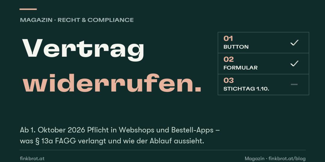 Dunkelgrüne Grafik mit der zweizeiligen Aufschrift „Vertrag widerrufen“ und einer Liste aus drei Zeilen: Button und Formular sind abgehakt, der Stichtag 1.10. ist offen