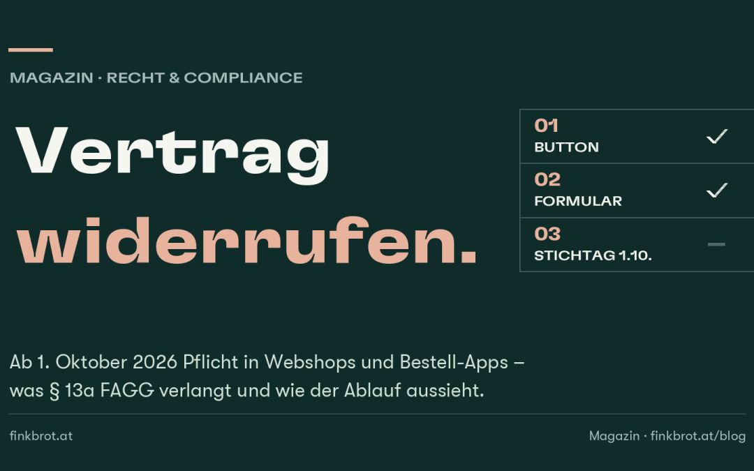 Dunkelgrüne Grafik mit der zweizeiligen Aufschrift „Vertrag widerrufen“ und einer Liste aus drei Zeilen: Button und Formular sind abgehakt, der Stichtag 1.10. ist offen