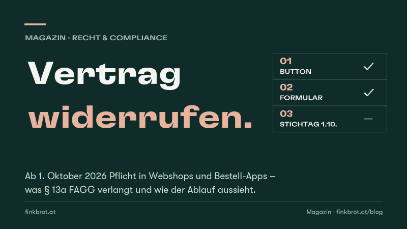 Dunkelgrüne Grafik mit der zweizeiligen Aufschrift „Vertrag widerrufen“ und einer Liste aus drei Zeilen: Button und Formular sind abgehakt, der Stichtag 1.10. ist offen