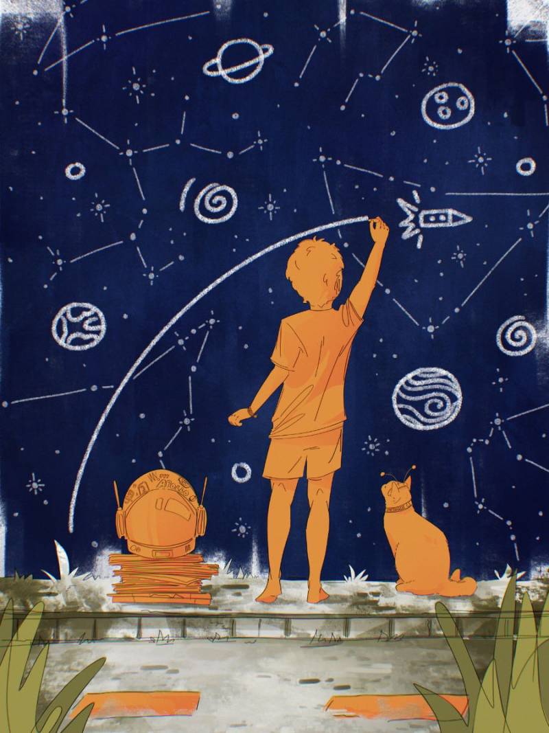 Illustration: A boy paints a star map on the wall. On the left is an astronaut's helmet, on the right a cat watching.