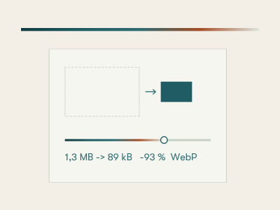 Illustration for the image diet calculator: a dashed image shrinks to a small rectangle above a slider and the line &ldquo;1.3 MB to 89 kB&rdquo;