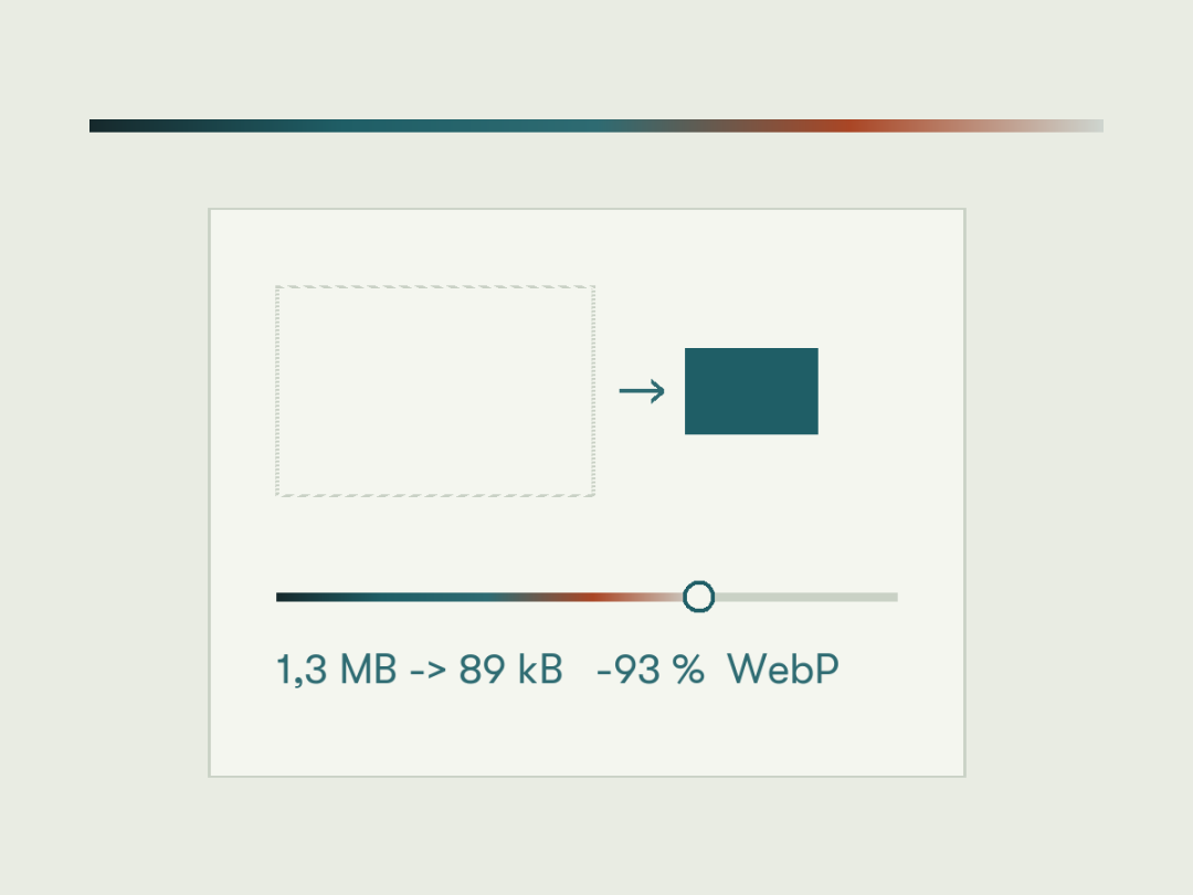 Illustration for the image diet calculator: a dashed image shrinks to a small rectangle above a slider and the line “1.3 MB to 89 kB”